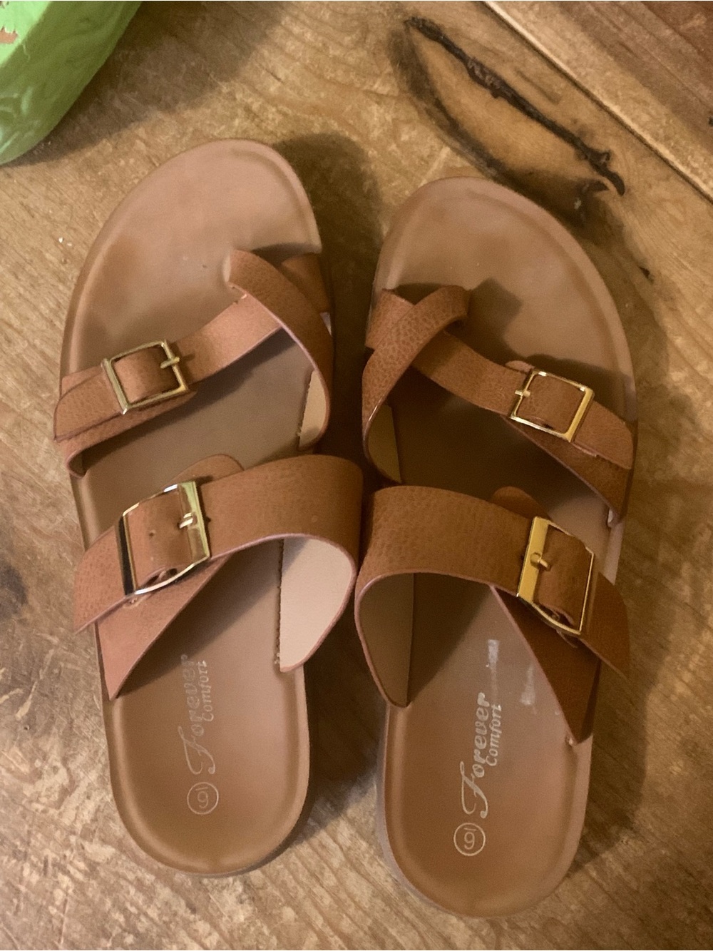 Forever Comfort Tan Double-Buckle Slide Sandals